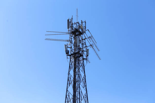 istock tower with transmission and cell phone equipment and antennas 2182289705