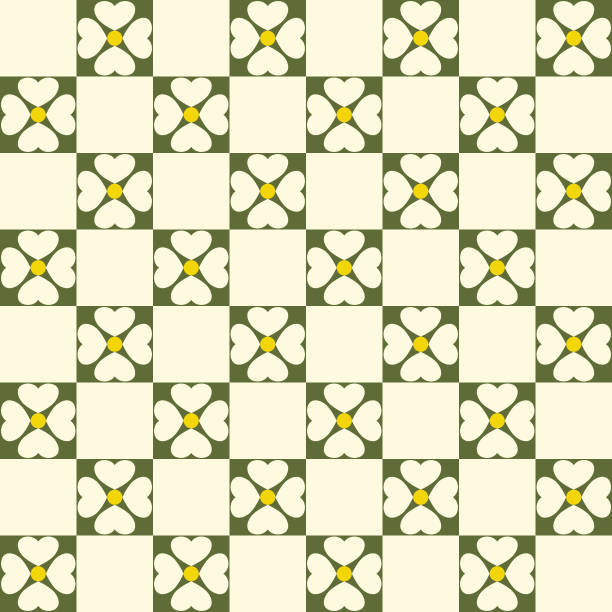 This image features a repeating floral pattern with hearts, daisies, and checkered green and white squares.