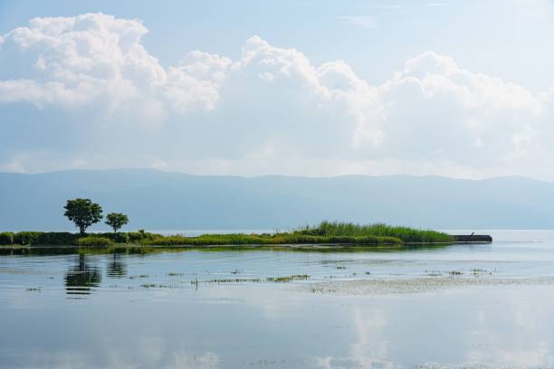 istock Serene lake view with lush greenery and clouds. 2182309615