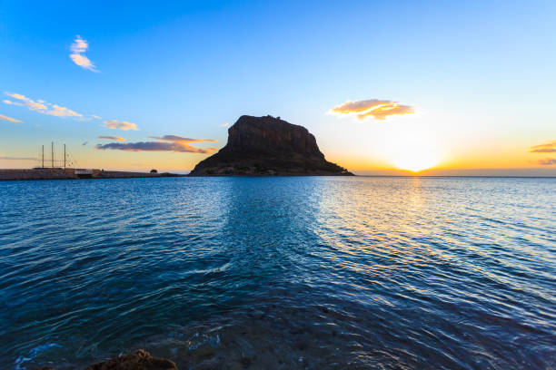 Greek island Monemvasia at early morning, Greece, east coast of the Peloponnese, Lakonia. Travel destinations.