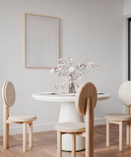 istock Picture frame interior, mockup frame, poster wood one frame in empty picture interior dining table cozy home room in illustration 3d render 2182311882