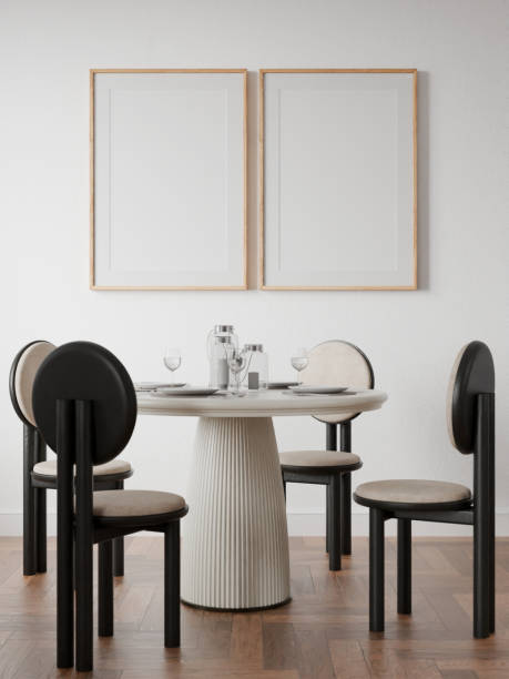istock Picture frame interior, mockup frame, poster wood two frame in empty picture interior dining table cozy home room in illustration 3d render 2182311884