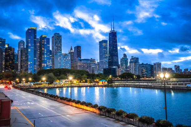 istock Chicago skyline and ferris wheel evening view from Navy pier 2182320403