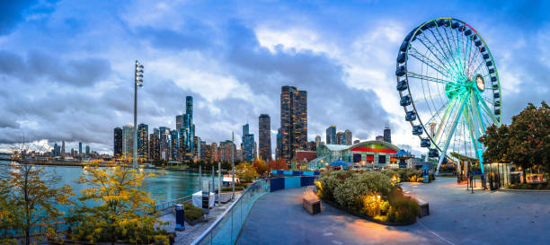 istock Chicago evening panoramic view from Navy pier,  giant Ferris wheel 2182320474