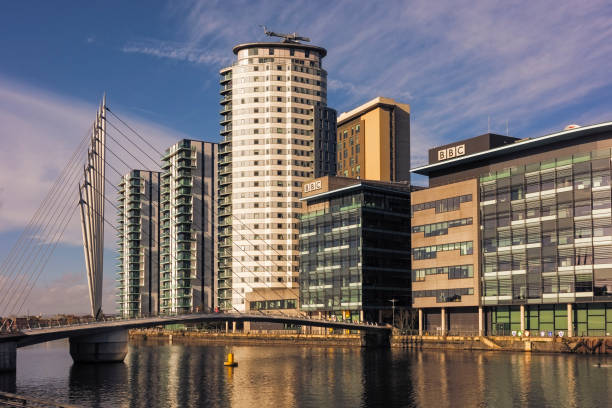 Salford, Manchester, UK. October, 26, 2024: Modern waterfront architecture with iconic tall buildings and a bridge.