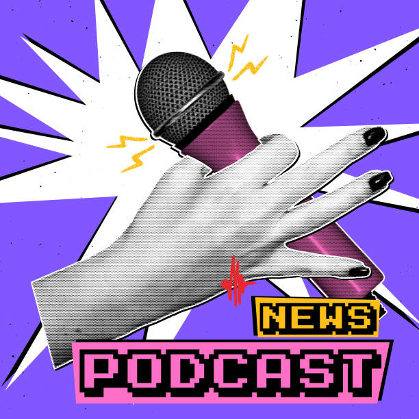 istock Advertising cover in retro collage style. Microphone in hand with halftone and scribble effect. Explosive music collage for podcast advertising. 2182325782