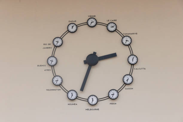 A clock showing time around the world in the Le Bourget airport’s old art deco style terminal.