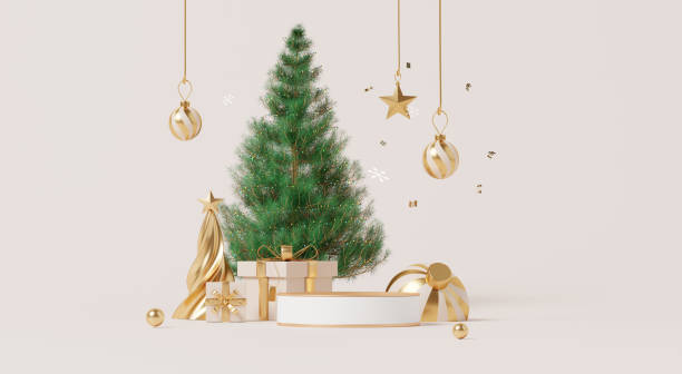 istock 3D render, Merry Christmas with podium for product display with Christmas tree and gift boxes decorated on pastel background. 2182328840