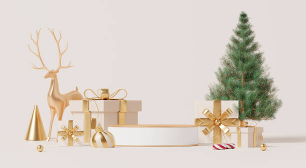 istock 3D render, Christmas new year celebration scene with empty display podiums decorate with gift boxes, tree and luxury element on pastel background. 2182328851