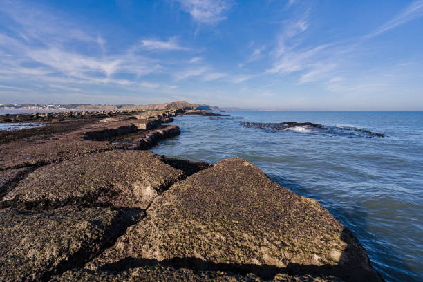 The view from the end of Filey Brigg looking back towards the land and the town of Filey. In the distance Scarborough can just be seen.