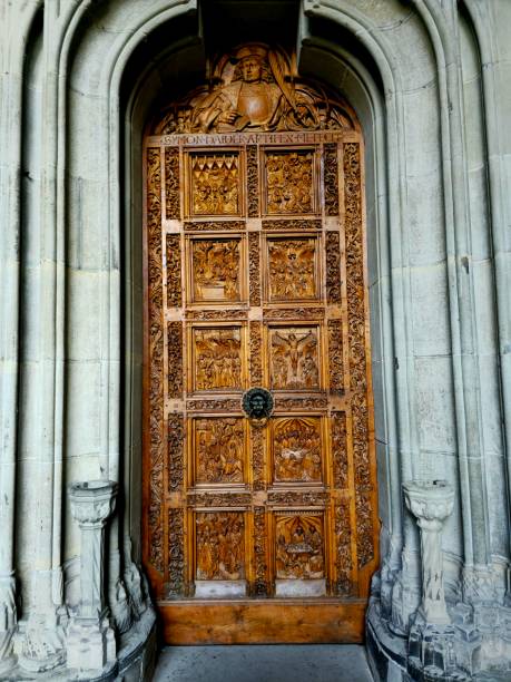 Konstanz Minster wooden entrance door. Captured during autumn season.