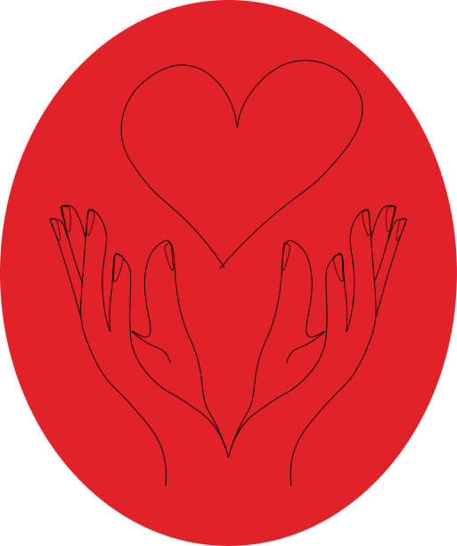 istock On a red background, the palms and the heart are a continuous drawing in one line. Abstract hands holding a heart. Vector illustration 2182332812