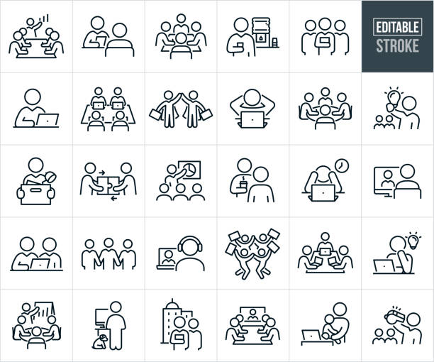 Business People At Work Thin Line Icons - Editable Stroke A set of business people at work icons that include editable strokes or outlines using the EPS vector file. The icons include a sales presentation with co-workers in a conference room, business manager working with a co-worker in office, group of business leaders at a table working together, businessman at water-cooler with a cup of water in hand, group of business people standing facing the viewer, business person working on laptop in office, business people working on laptops at a shared table, two business people wearing capes and arms raised while holding briefcases, business person at laptop with hands behind head, group of colleagues seated at an office table working on a project, business leader holding up a lightbulb with co-workers in the background, business person with box of office items moving into to office job, two business people working together to put two puzzle pieces together, manager giving a presentation to fellow co-workers, two business people having a conversation while holding coffee in hand, stressed out business person with head in hands while at computer, businessman on desktop computer on a video conference call, businessmen holding hands, group of business people jumping together over success while holding their briefcases in hand, person thinking creatively on a new project while working on his laptop, business person at standing desk working while his dog sits at his feet, business people in conference room on a business call, mother holding her toddler in her arms as she works in the office and a business leader using a whistle to rally his co-workers. conference table stock illustrations