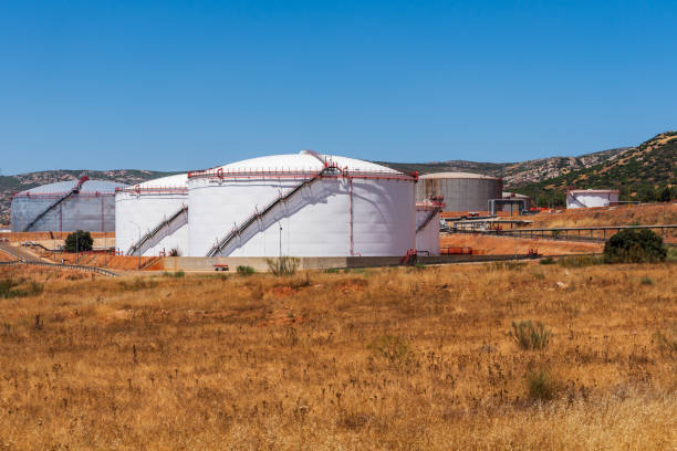 Huge tanks for storing petroleum products at a refinery.