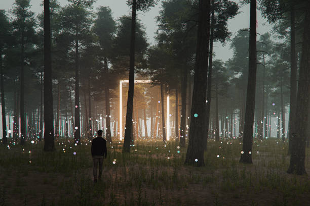 istock Man walking in fantasy forest at night 2182356507