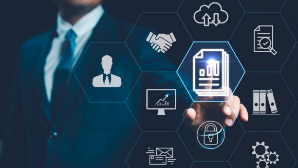 istock Concept Customer relationship management, CRM. businessman touch document icon on virtual screen recruitment leadership team Or joint business partners marketing strategy of organization business 2182363330