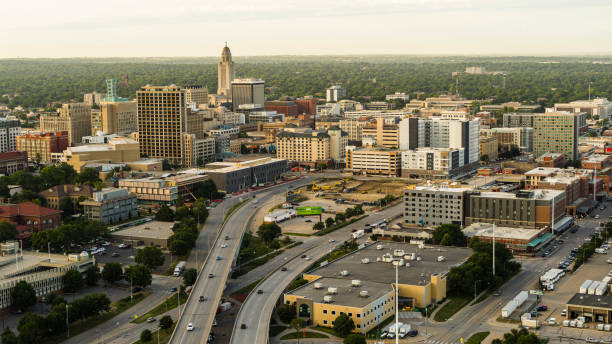 istock Transportation hub from suburbs to Downtown in Lincoln, NE. Interstate 180 passes through Downtown Lincoln, NE with Nebraska State Capitol rising in distance 2182368043