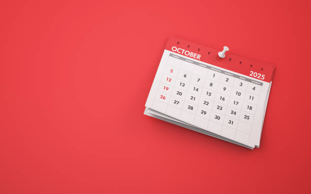 istock October 2025 Calendar on Red Background, Pinned with White Thumbtack 2182372131