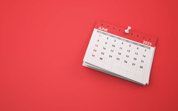 istock June 2025 Calendar on Red Background, Pinned with White Thumbtack 2182372162