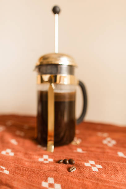 Hot Black Coffee prepared in a Glass French Press Coffee maker.