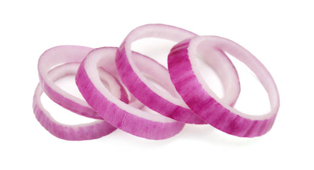 istock Red onion rings on white background 2182388599
