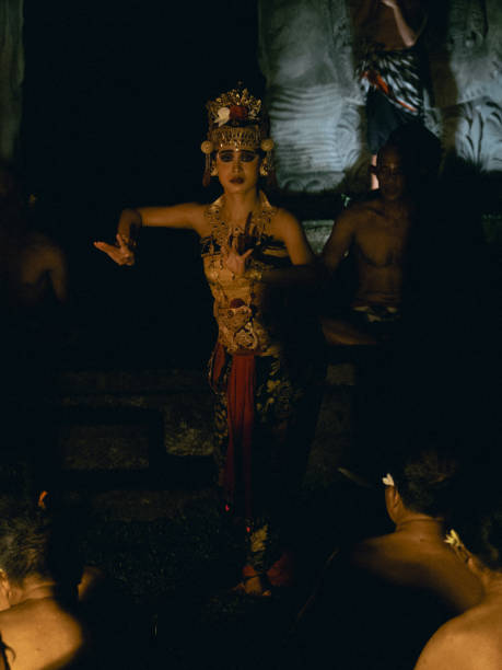 Ubud Bali, Indonesia - October 18, 2024: Kecak dance is a traditional ritual of Bali，also known as the Ramayana Monkey Chant, it is a retelling of a great battle from the Ramayana of Hindu lore. It's a ticketed free performance at a square in Ubud.