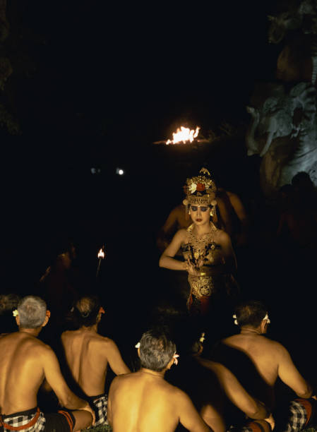 Ubud Bali, Indonesia - October 18, 2024: Kecak dance is a traditional ritual of Bali，also known as the Ramayana Monkey Chant, it is a retelling of a great battle from the Ramayana of Hindu lore. It's a ticketed free performance at a square in Ubud.