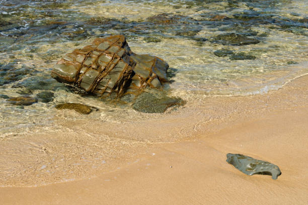 The tireless force of the water keeps polishing these rocks on the beach - Marengo, Victoria, Australia