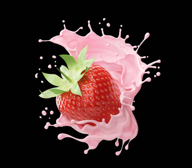 istock milk or yogurt splash with strawberries isolated on black background. 2182398037