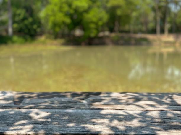 istock Copyspace of empty wooden table with view of pond and trees 2182404740