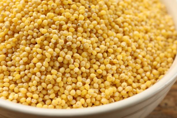 istock Millet groats in bowl on table, closeup 2182409282