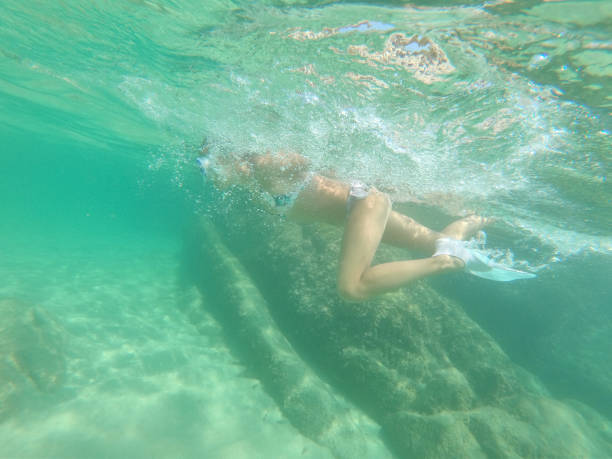 istock Young caucasian girl moving down underwater 2182414873
