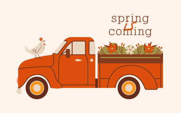 istock Spring is coming. Naive illustration with red pickup truck, hen, spring flowers, plants in pickup truck body. Vector cute clip art for card, banner, sticker. Springtime, blossom. Flat Style. 2182418539