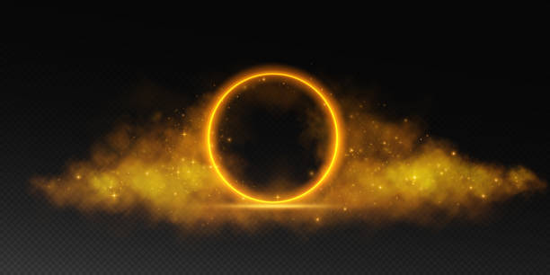 istock A magical fantasy portal. Round light frame with fine dust particles and light smoke, futuristic teleporter. Golden neon lights illuminate night scene with sequins on transparent background. Light eff 2182420110