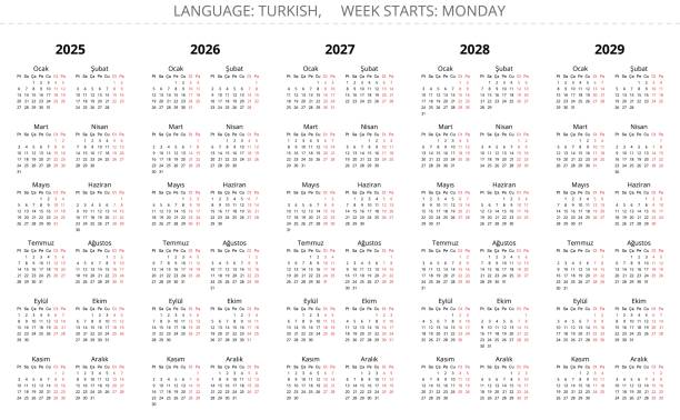2025, 2026, 2027, 2028, 2029 year vertical turkish simple calendars. Printable vector illustration collection Turkey 2025, 2026, 2027, 2028, 2029 year vertical turkish simple calendars. Printable vector illustration collection for Turkey 2026 stock illustrations