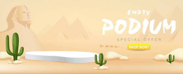 istock Podium desert summer, Green cactus, camel, pyramid, sphinx on sand desert banner design 2182423581