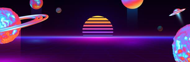 istock Retro background fantasy futuristic world cyber space cosmos. Digital landscape. 3d planets with holographic gradient. Poster and banner 80s and 90s. flying saucer, Ufo. Vector illustration 2182425494