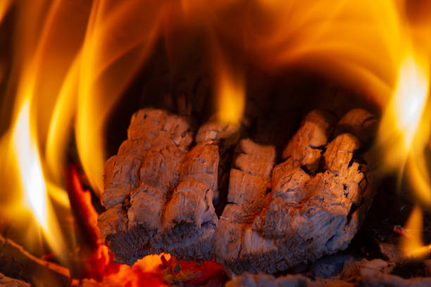 Orange flames engulf the burning firebrand in the darkness of the furnace. Close-up.