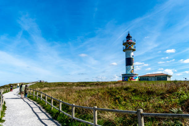 Tourists walk along the coast in a rural setting talking by the sea, famous tourist destination Faro del cabo de Ajo in Cantabria, Spain....