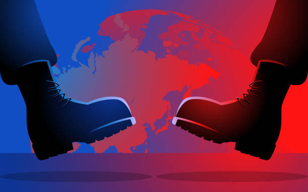 Blue Red Army Boots Geopolitical Tensions Two army boots facing each other in front of a globe, symbolizing rising geopolitical tensions and global conflict. Concepts of military standoff, diplomacy, and global power struggles colonies map stock illustrations