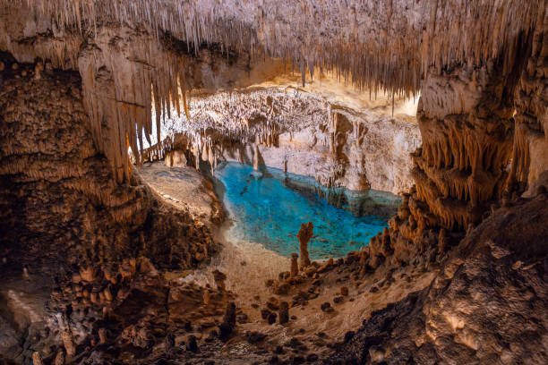 Limestone formations, surrounded by stalactites and stalagmites