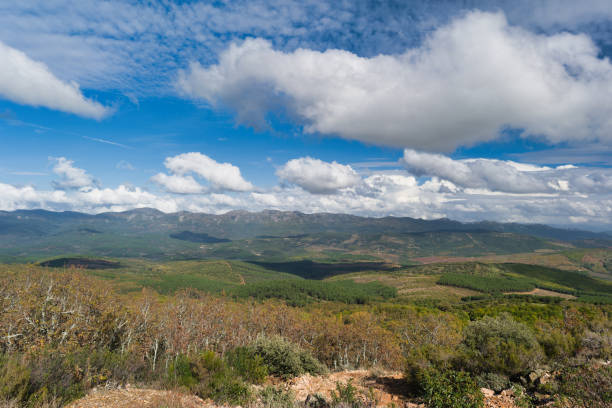 Landscape view of the mountains in the province of Extremadura in Spain on a sunny day