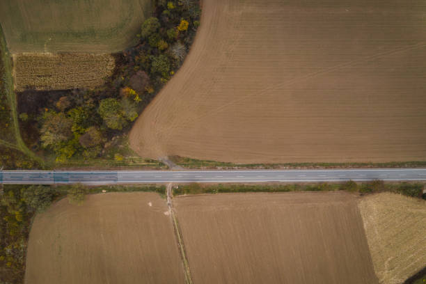 An aerial perspective of a straight road cutting through expansive agricultural fields. The landscape displays a mix of brown plowed land and green patches, with trees marking the field boundaries, creating a simple yet striking rural scene.