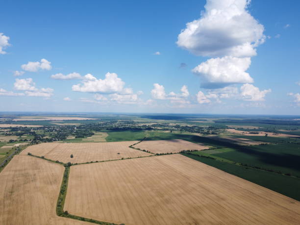 istock Beautiful agricultural landscape, open field with blue sky and white clouds. Farmfields from a bird's eye view. 2182455571