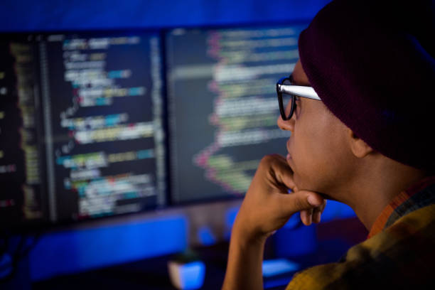 istock Profile cropper portrait of concentrated hardware expert hand touch chin operating database night office indoors 2182457792