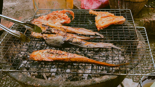 istock Fresh fish grilled on a charcoal stove in Laos 2182462060