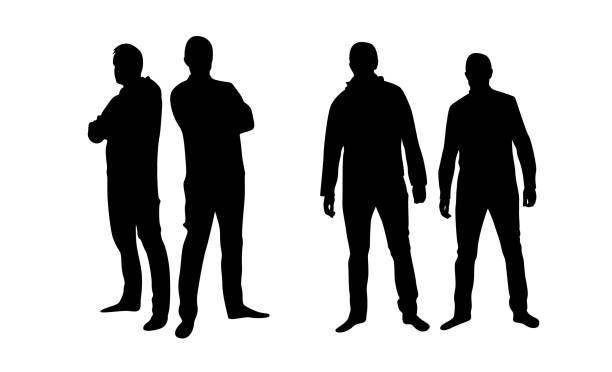 Two Men Standing Shoulder to Shoulder Silhouettes Set People, relationship and teamwork concept vector art man cross arms stock illustrations