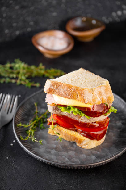 istock Large sandwich with cold meat, tomato and cheese sauce vertical photo 2182474076