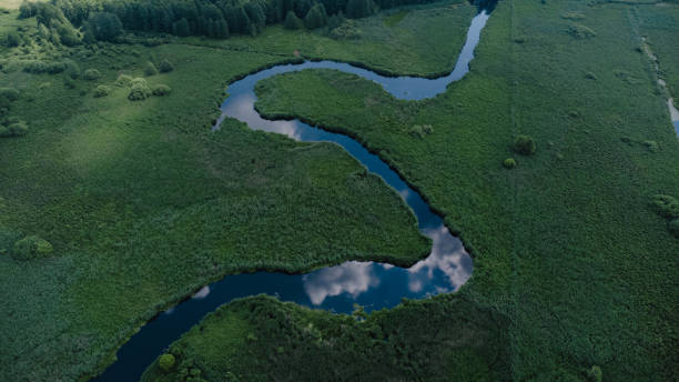istock small river with sky reflection in the grass field from high 2182476545