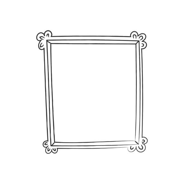 An illustration of square vintage blank painting frame. Victorian mirror hand drawn sketch. Isolated on white.